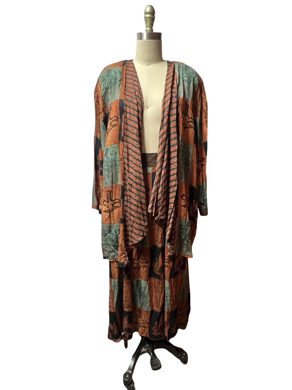 Vintage AKF New York Jacket Skirt Set Open Duster Abstract Artsy Leaves 80s